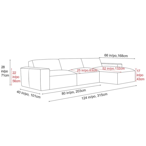 Valencia Nathan Full Aniline Leather Modular Sofa with High Density Foam and Feather Down, Three Seats with Right Chaise, Black Color