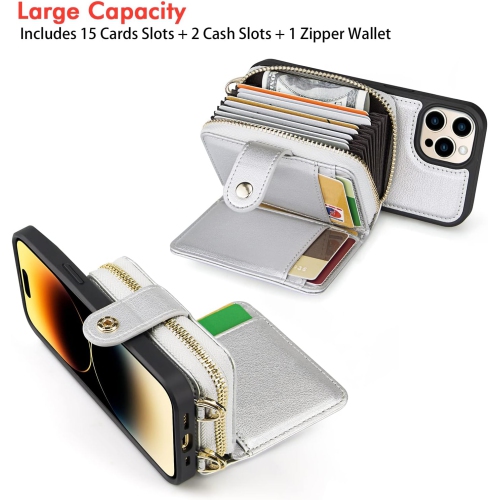 Designed for iPhone 14 Pro Case Wallet with RFID Blocking Card Holder, Magnetic Detachable Lanyard Strap Wristlet