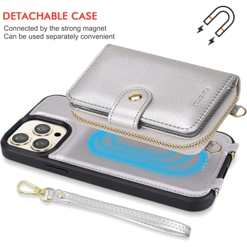 Designed for iPhone 14 Pro Case Wallet with RFID Blocking Card Holder, Magnetic Detachable Lanyard Strap Wristlet