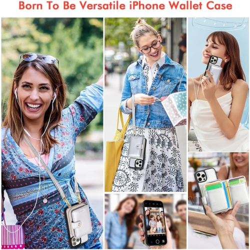 Designed for iPhone 14 Pro Case Wallet with RFID Blocking Card Holder, Magnetic Detachable Lanyard Strap Wristlet