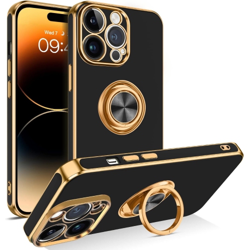 GENERIC  Iphone 14 Pro Case, Iphone 14 Pro Phone Case Ring Holder Edge Plating Kickstand Soft Silicone Bumper Women