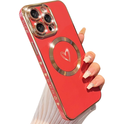 GENERIC  Magnetic Case for Iphone 13 Pro Max Case for Women, Cute Love Heart Soft Magsafe Case, Raised Full Camera In Gold