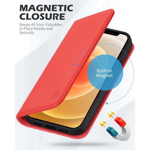 iPhone 12 Mini Case, Genuine Leather iPhone 12 Mini Wallet Case, Credit Card Holder + RFID Blocking Kickstand