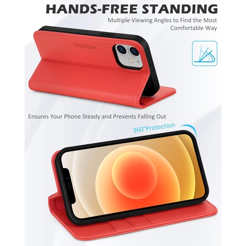 iPhone 12 Mini Case, Genuine Leather iPhone 12 Mini Wallet Case, Credit Card Holder + RFID Blocking Kickstand