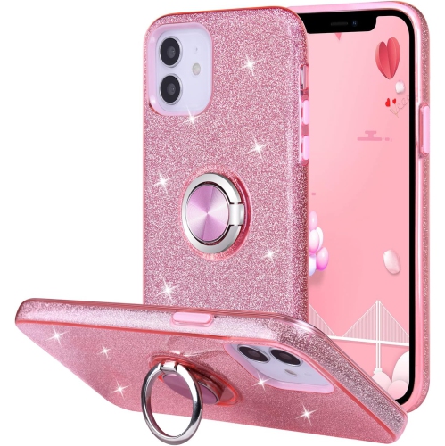 Étui pour iPhone 12 Mini, étui protecteur brillant et adorable avec béquille pour anneau, étui pour femmes pour téléphone