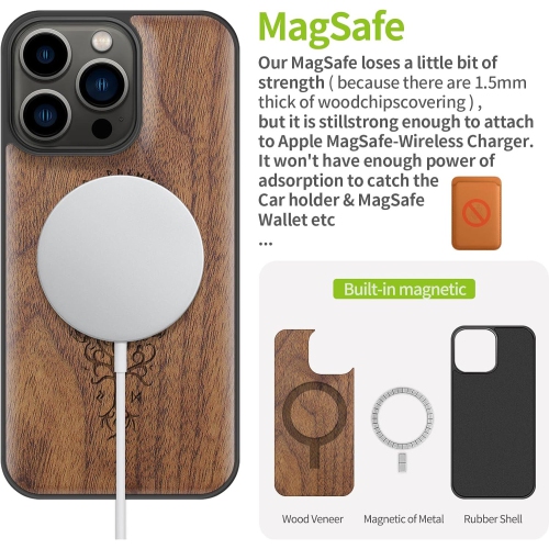 Magnetic Wood Case for iPhone 13 Pro Case [Hard Real Wood & Soft TPU] Shockproof Hybrid Protective Cover Unique