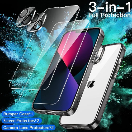 3 in 1 Case for iPhone 13 6.1-Inch, with 2-Pack Screen Protector and 2-Pack Camera Lens Protector, Full Coverage