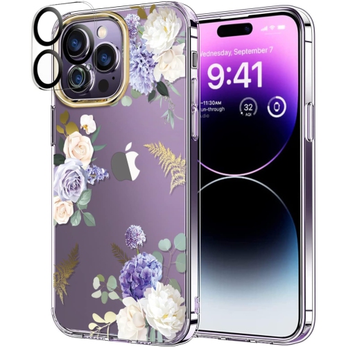 GENERIC  Compatible With Iphone 14 Pro Case With Flowers, for Girly Women, Shockproof Clear Floral Pattern Hard Back Cover