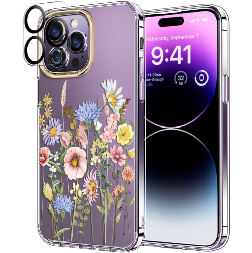 GENERIC  Compatible With Iphone 14 Pro Case With Flowers, for Girly Women, Shockproof Clear Floral Pattern Hard Back Cover