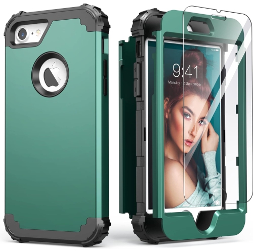 GENERIC  Iphone 8 Case With Tempered Glass Screen Protector, Iphone 7 Case, 3 In 1 Shock Absorption Durable Heavy Duty