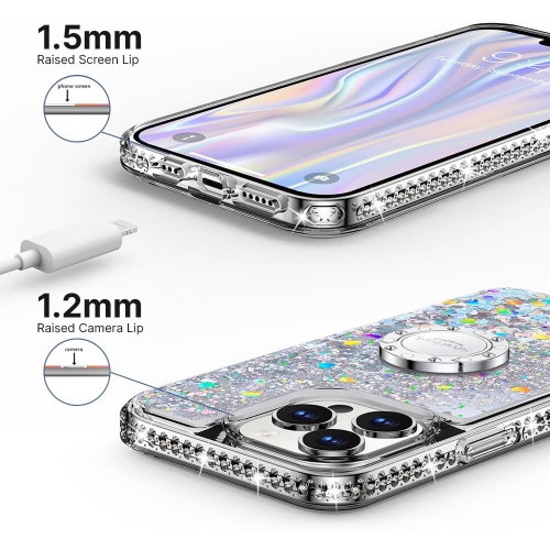 Étui pour téléphone iPhone 13 Pro Max avec cordon pour béquille en anneau, holographique scintillant liquide mobile,