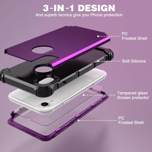 iPhone XR Case with Tempered Glass Screen Protector, 3 in 1 Shockproof Slim Hybrid Heavy Duty Hard PC Cover Soft