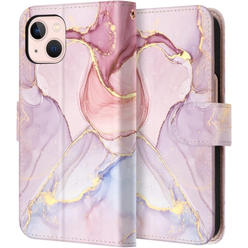 iPhone 13 Case, iPhone 13 Case Wallet Case Rose Gold Marble PU Leather Magnetic Closure 2 Card Slot Cash Holder