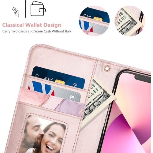 iPhone 13 Case, iPhone 13 Case Wallet Case Rose Gold Marble PU Leather Magnetic Closure 2 Card Slot Cash Holder
