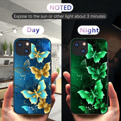 Case for iPhone 13 Glow in The Dark Cute Blue Butterfly Noctilucent Luminous Cover for Women Men Slim Thin