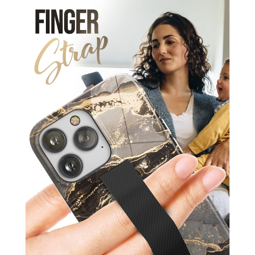 Finger Loop Case Designed for iPhone 14 PRO Case with Hand Strap Phone Holder and Screen Protector (Ring Gold