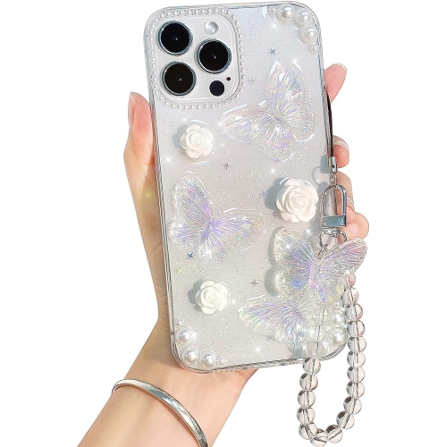 GENERIC  Compatible With Iphone 13 Pro Max Case Clear Cute 3D Glitter Butterfly With Flower Floral Pearl for Girls