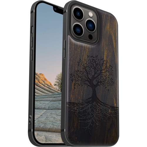 GENERIC  Magnetic Wood Case for Iphone 13 Pro Case [Hard Real Wood & Soft Tpu] Shockproof Protective Cover Unique In Black