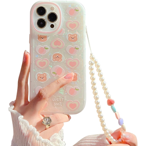 GENERIC  Compatible for Iphone 14 Pro Max Case, Cute Cartoon Bear With Heart Beaded Lanyard Wrist Strap for Women In Peach