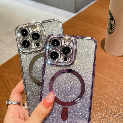 Designed for iPhone 13 Magnetic Glitter Case, Luxury Plating Cute Bling Diamond Inlay Phone Cover Compatible