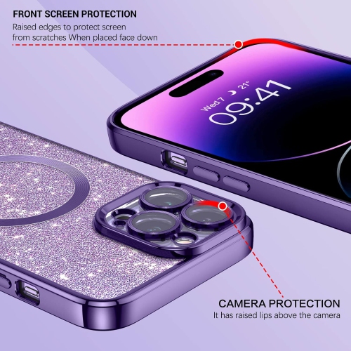 iPhone 14 Pro Max Case, Magnetic Phone Case Compatible with Magsafe Cute Glitter Sparkle Bling Camera Lens
