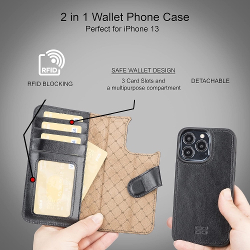 Wallet Case for iPhone 13 Pro - Genuine Leather Folio Cases Magnetic Detachable RFID Blocking Magsafe Flip
