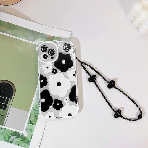 Compatible for iPhone 13 Pro Case Clear Floral Bear Camera Lens with Heart Beaded Lanyard Wrist Strap for Women