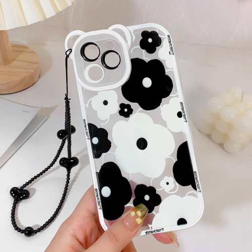 Compatible for iPhone 13 Pro Case Clear Floral Bear Camera Lens with Heart Beaded Lanyard Wrist Strap for Women