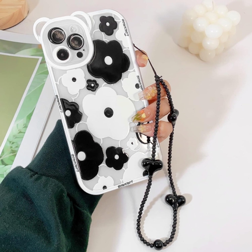 Compatible for iPhone 13 Pro Case Clear Floral Bear Camera Lens with Heart Beaded Lanyard Wrist Strap for Women
