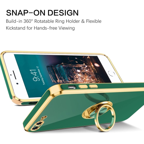 iPhone 8 Plus Case, iPhone 7 Plus Case Ring Holder Edge Plating Rotation Kickstand Soft Silicone TPU Bumper