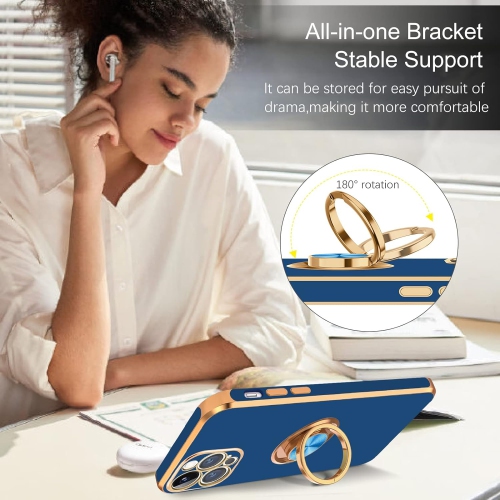 iPhone 13 Pro Max Case, iPhone 13 Pro Max Phone Case Ring Holder Plating Rotation Kickstand Soft Silicone TPU