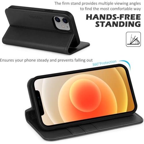 iPhone 12/12 Pro Case, iPhone 12 Genuine Leather Wallet Case with Credit Card Holder RFID Protective Stand TPU