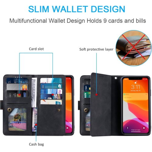 Wallet Case for iPhone 12 Mini 5.4 inch, Retro 9 Card Holder Slots Zipper Pocket Handbag Case PU Leather