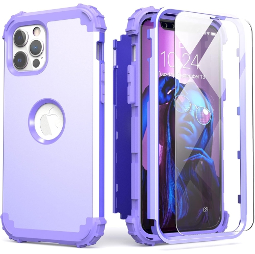 iPhone 12 Pro Max Case with Tempered Glass Screen Protector, Hybrid 3 in 1 Shockproof Slim Fit Heavy Duty
