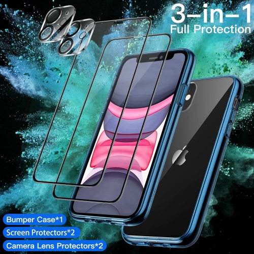 Étui 3-en-1 pour iPhone de 11 6,1 po, paquet de 2 protecteurs d'écran et paquet de 2 protecteurs d'objectif, couverture complète
