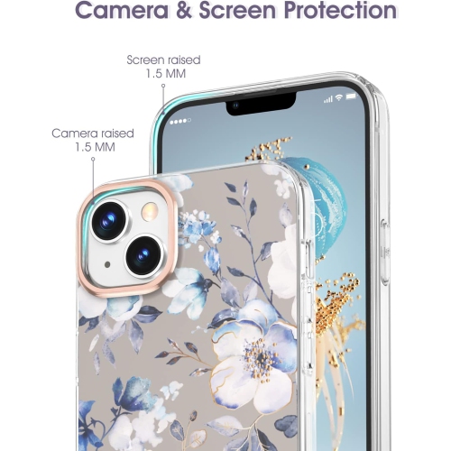 Compatible avec l'étui à fleurs 14 de iPhone, l'étui adorable pour filles, le modèle antichoc à motif floral rigide