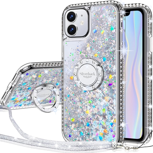 GENERIC  for Iphone 11 Case With Ring Kickstand Lanyard, Moving Liquid Glitter Sparkle Holographic, Girls Women Bling