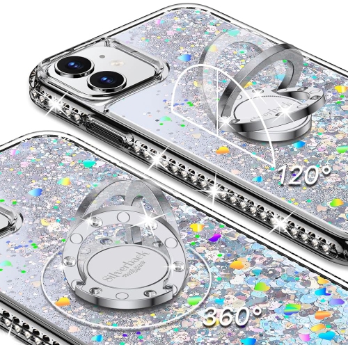 for iPhone 11 Case with Ring Kickstand Lanyard, Moving Liquid Glitter Sparkle Holographic, Girls Women Bling
