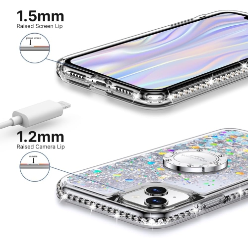 for iPhone 11 Case with Ring Kickstand Lanyard, Moving Liquid Glitter Sparkle Holographic, Girls Women Bling
