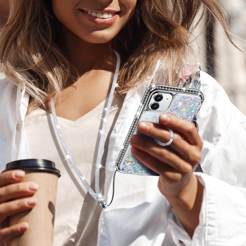 for iPhone 11 Case with Ring Kickstand Lanyard, Moving Liquid Glitter Sparkle Holographic, Girls Women Bling
