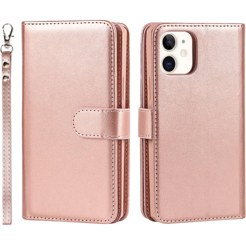 Étui-portefeuille pour iPhone 12 avec porte-carte et dragonne, support magnétique en cuir de polyuréthane avec béquille pour fentes pour cartes