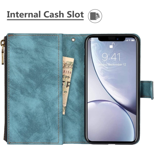iPhone XR Wallet Case with Card Holder, 2 in 1 PU Leather Case with Magnetic Clasp Zipper Pocket Shockproof