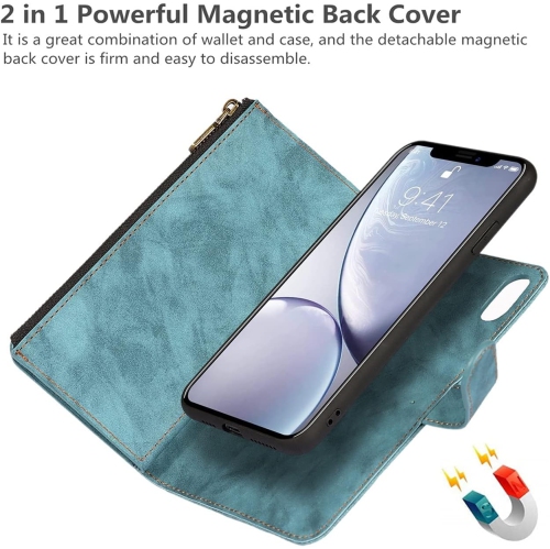 iPhone XR Wallet Case with Card Holder, 2 in 1 PU Leather Case with Magnetic Clasp Zipper Pocket Shockproof