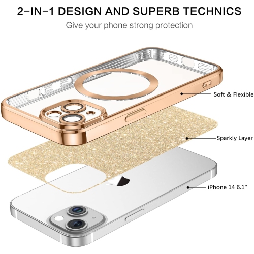 iPhone 14 Case, Phone Case iPhone 14, Cute Glitter Luxury Bling Support Magsafe Cover Shockproof Full Body