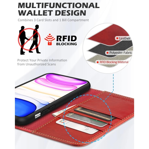 Wallet Case for iPhone 11 6.1", Genuine Leather iPhone 11 Folio Case Kickstand and RFID Blocking Credit Card