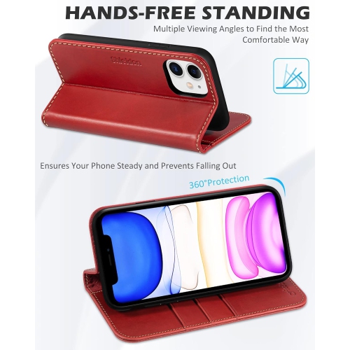 Wallet Case for iPhone 11 6.1", Genuine Leather iPhone 11 Folio Case Kickstand and RFID Blocking Credit Card