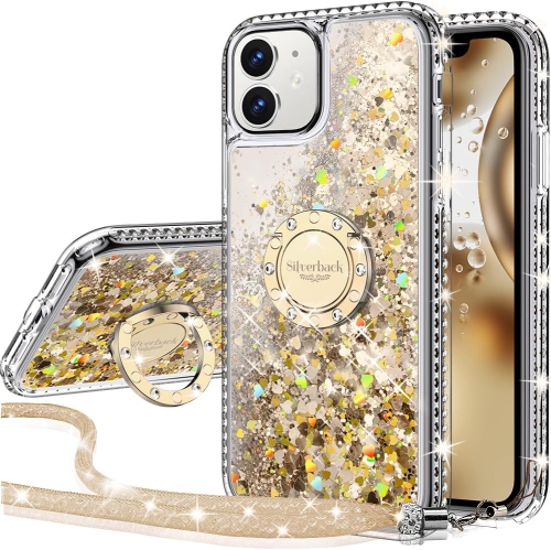 GENERIC  for Iphone 11 Case With Ring Kickstand Lanyard, Moving Liquid Glitter Sparkle Holographic, Girls Women Bling