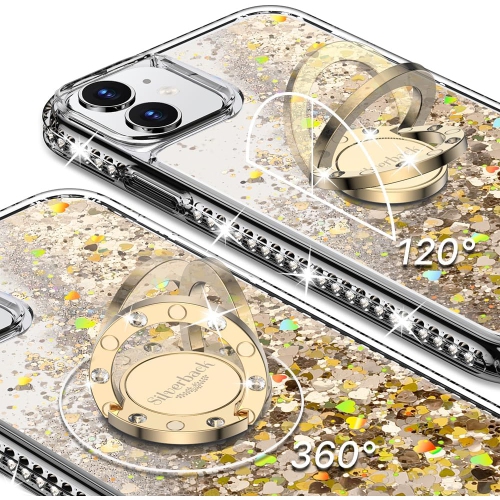 for iPhone 11 Case with Ring Kickstand Lanyard, Moving Liquid Glitter Sparkle Holographic, Girls Women Bling