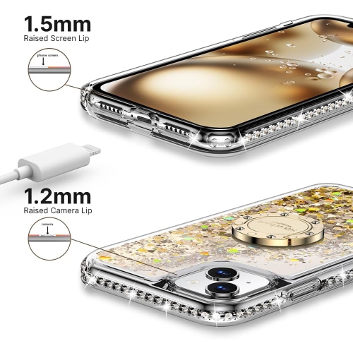 for iPhone 11 Case with Ring Kickstand Lanyard, Moving Liquid Glitter Sparkle Holographic, Girls Women Bling