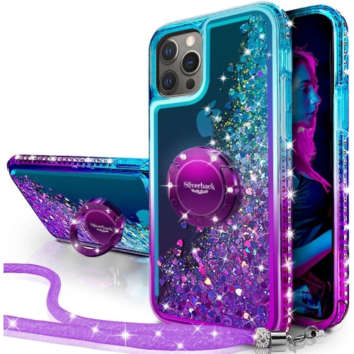 GENERIC  for Iphone 12/12 Pro Phone Case With Ring Kickstand Lanyard, Moving Liquid Glitter Sparkle Holographic